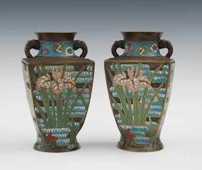 Appraisal: A Pair of Champleve Vases Squared baluster shape with round