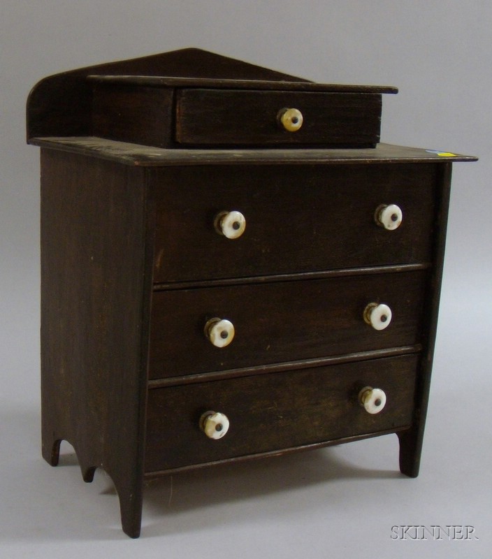 Appraisal: Miniature Painted Wooden Bureau containing sewing related items findings notions