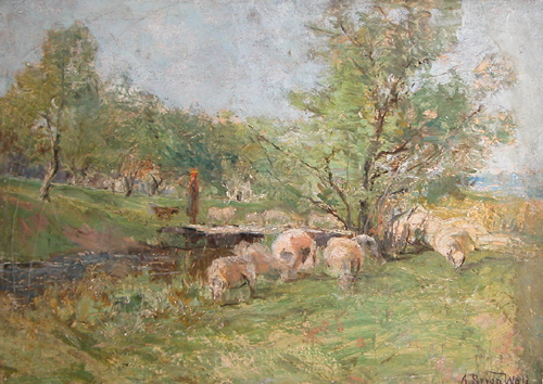 Appraisal: Sheep Along a Creek in Spring Wall Alfred Bryan American