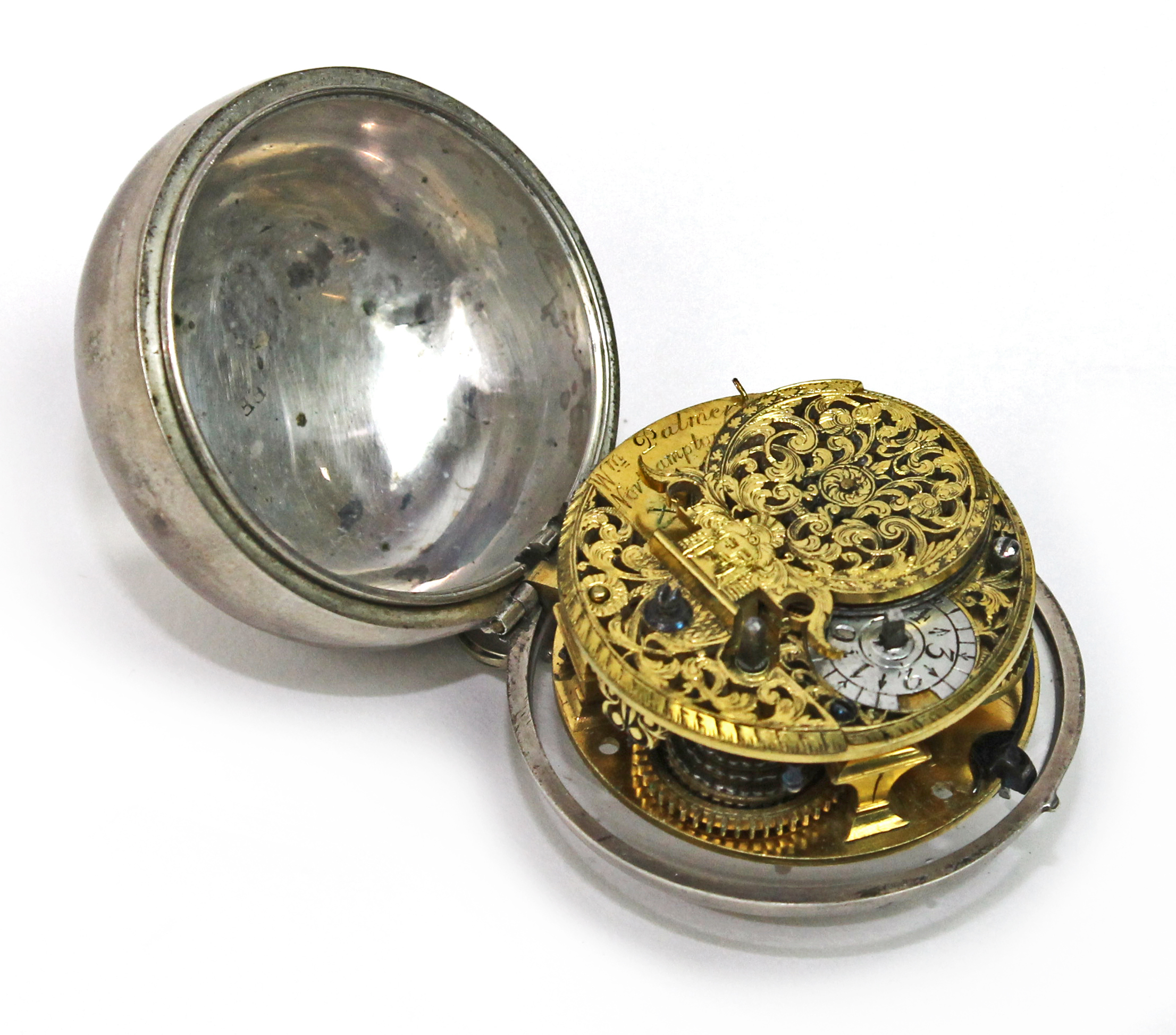 Appraisal: A silver twin cased openfaced pocket watch the gilt fusee