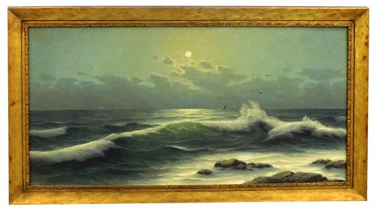 Appraisal: Early th C oil on canvas coastal seascape at night