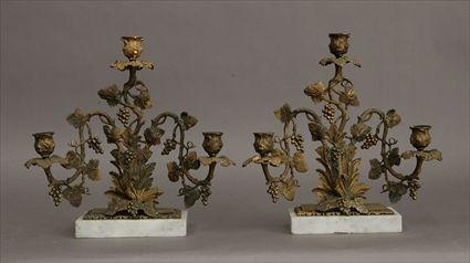 Appraisal: Pair of Rococo Revival Gilt-Brass and Marble Three-Light Candelabra Each