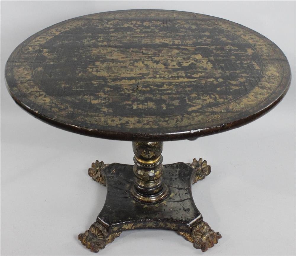 Appraisal: CHINESE EXPORT BLACK AND GILT CENTER TABLE CIRCA the circular