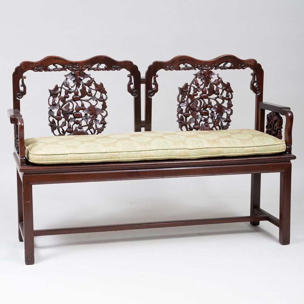 Appraisal: Chinese Carved Hardwood Bench Fitted with a Chinese inspired loose