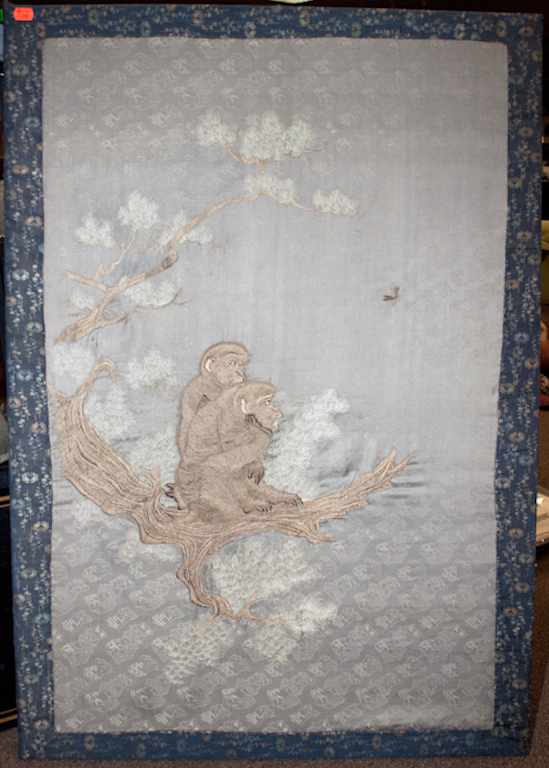 Appraisal: Chinese needlework on silk picture depicting monkeys on a branch