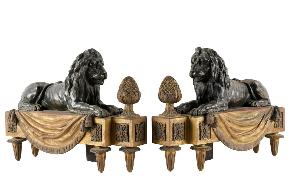 Appraisal: PAIR OF BRONZE LION-FORM CHENETSpatinated metal Condition some paint loss