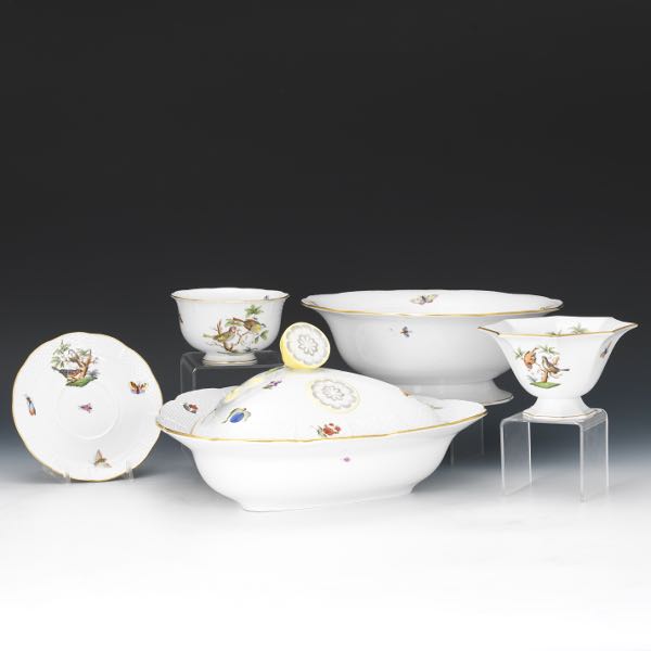 Appraisal: HEREND PORCELAIN PIECES ROTHSCHILD BIRDS PATTERN Including lidded triangular serving