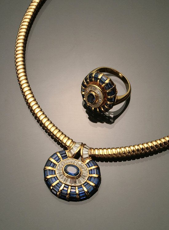 Appraisal: -Karat Yellow-Gold Diamond and Blue Sapphire Two-Piece Ensemble Consisting of