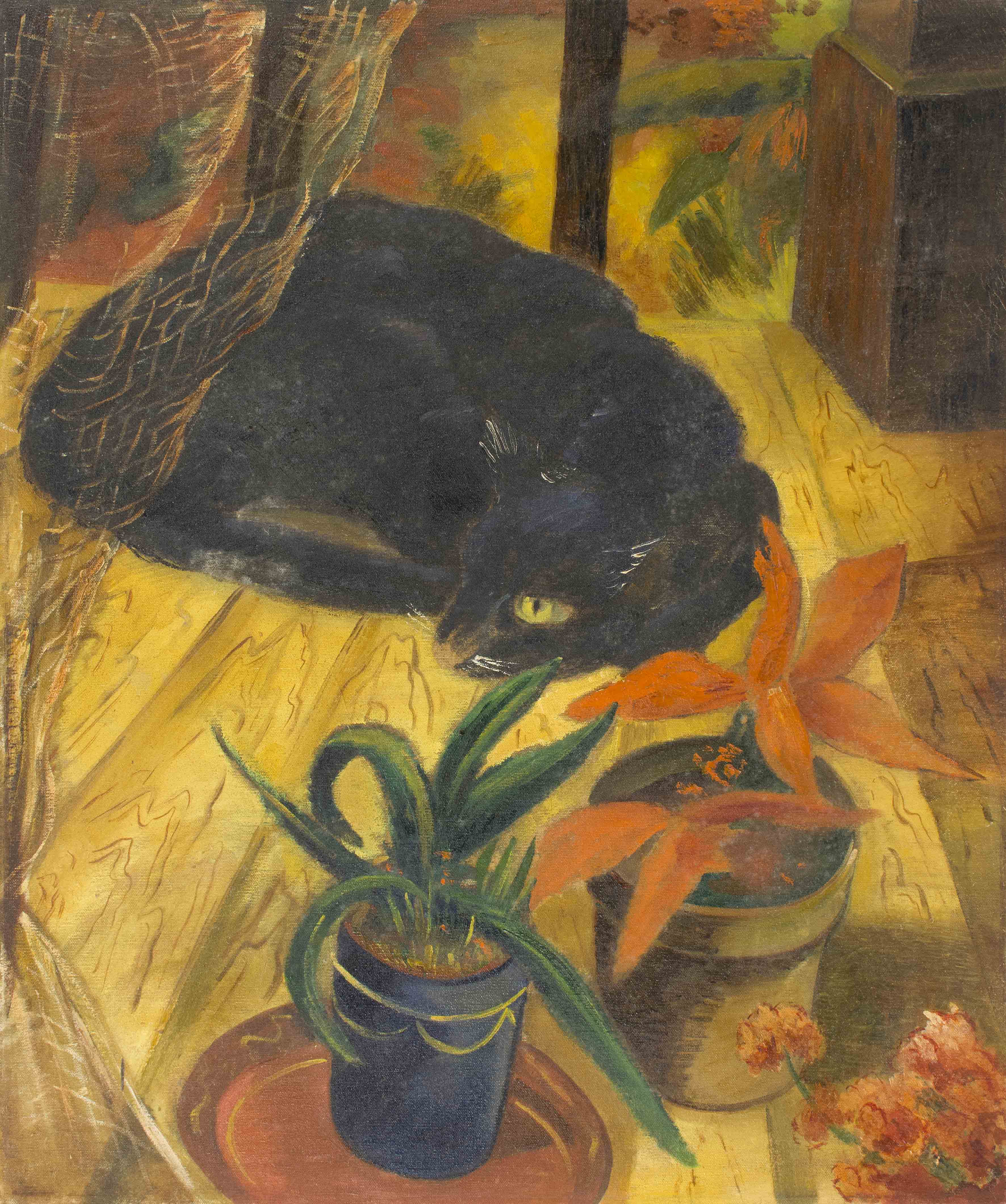 Appraisal: AMERICAN SCHOOLEarly th CenturyA cat reclining by flower pots Unsigned