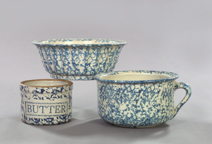 Appraisal: Group of Three Stoneware Items consisting of an American blue-sponged