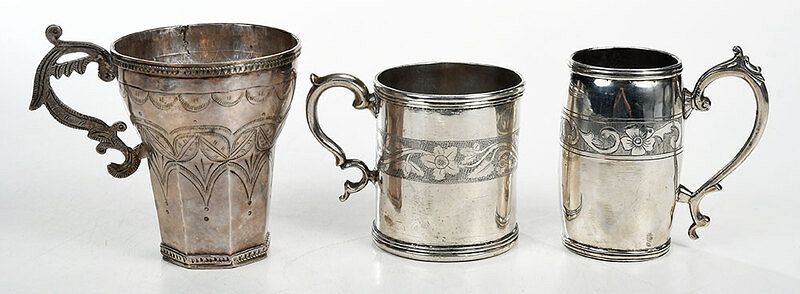 Appraisal: Three Spanish Colonial Silver Tankard Mugs probably th century all