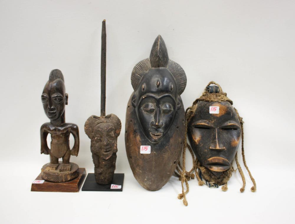 Appraisal: FOUR AFRICAN TRIBAL CARVINGS bust clay tobacco pipe on iron