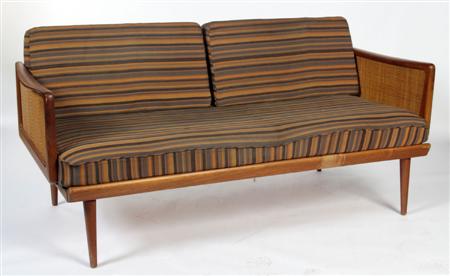 Appraisal: DANISH SCHOOL SOFA S teak with caned arms and loose