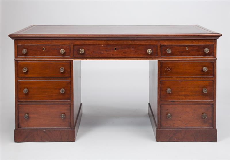 Appraisal: George III Mahogany Two-Pedestal Desk With inset brown gilt-tooled leather