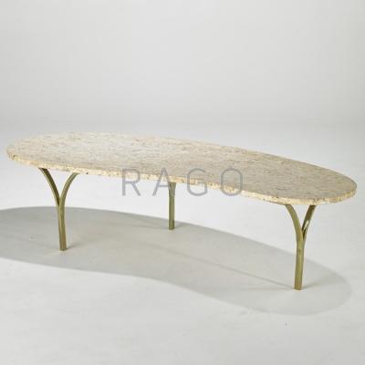 Appraisal: ITALIAN Coffee table s Travertine and brass Unmarked x x