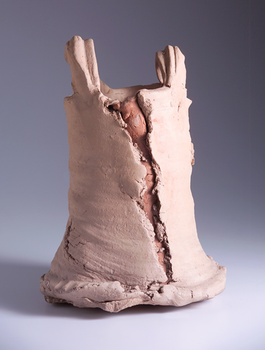 Appraisal: PETER VOULKOS Hand-built two-handled vessel with horizontal ridges and filled-in