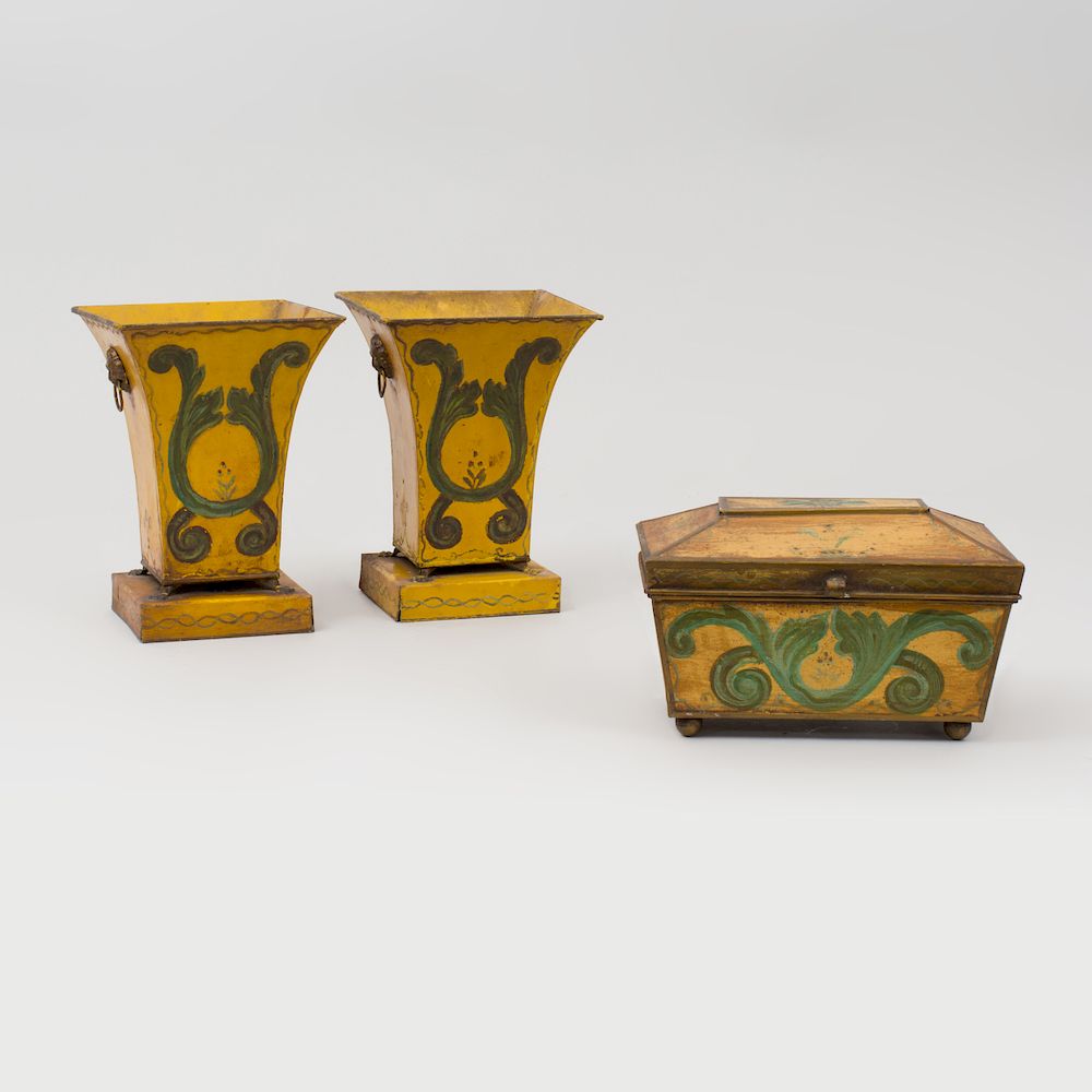 Appraisal: French T le Peinte Three Piece Garniture Comprising a pair