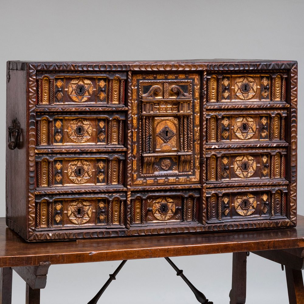 Appraisal: Spanish Renaissance Iron-Mounted Walnut Painted and Parcel-Gilt Bone Vargueno Fitted