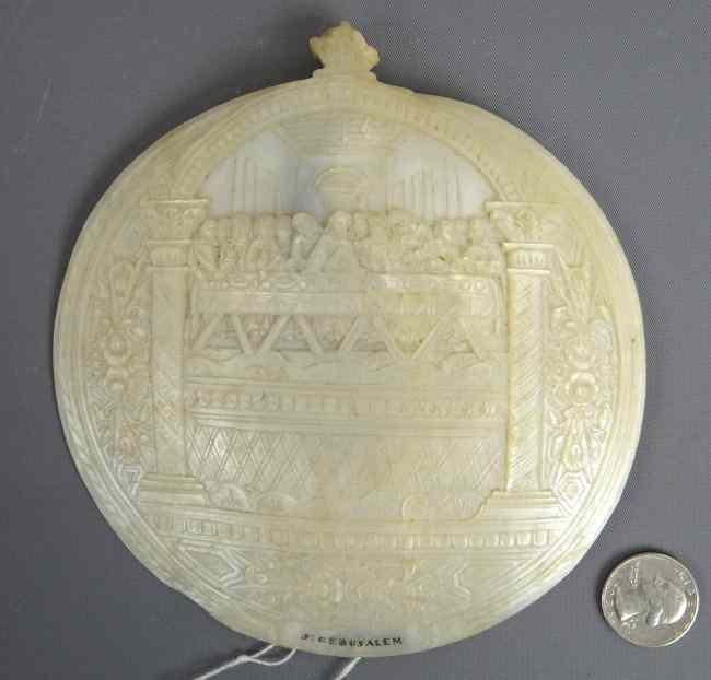 Appraisal: Abalone carved shell of last supper marked ''Jerusalem'' '' Diameter