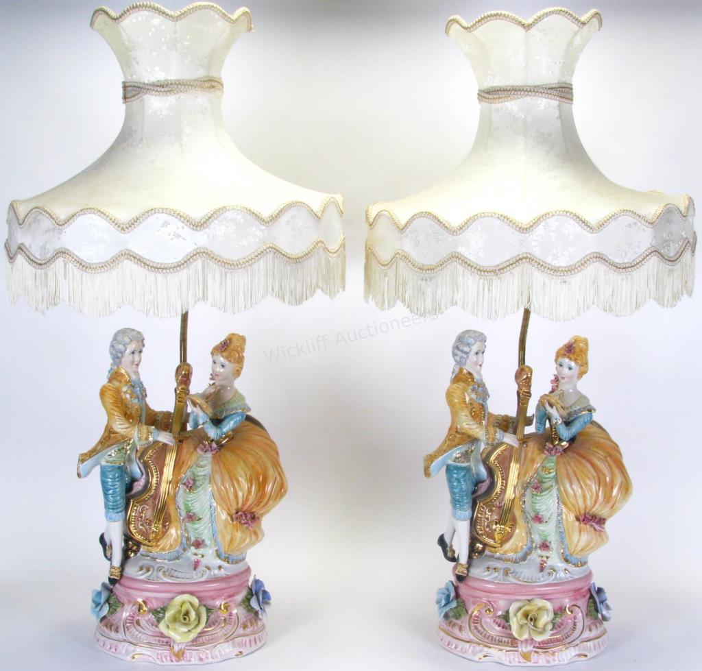 Appraisal: Pair of Monumental Porcelain Figural Lamps Capodimonte style lamps depicting