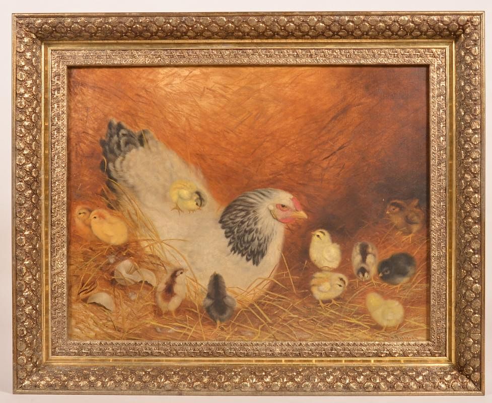 Appraisal: Ben Austrian Painting Hen with Chicks Ben Austrian Oil on