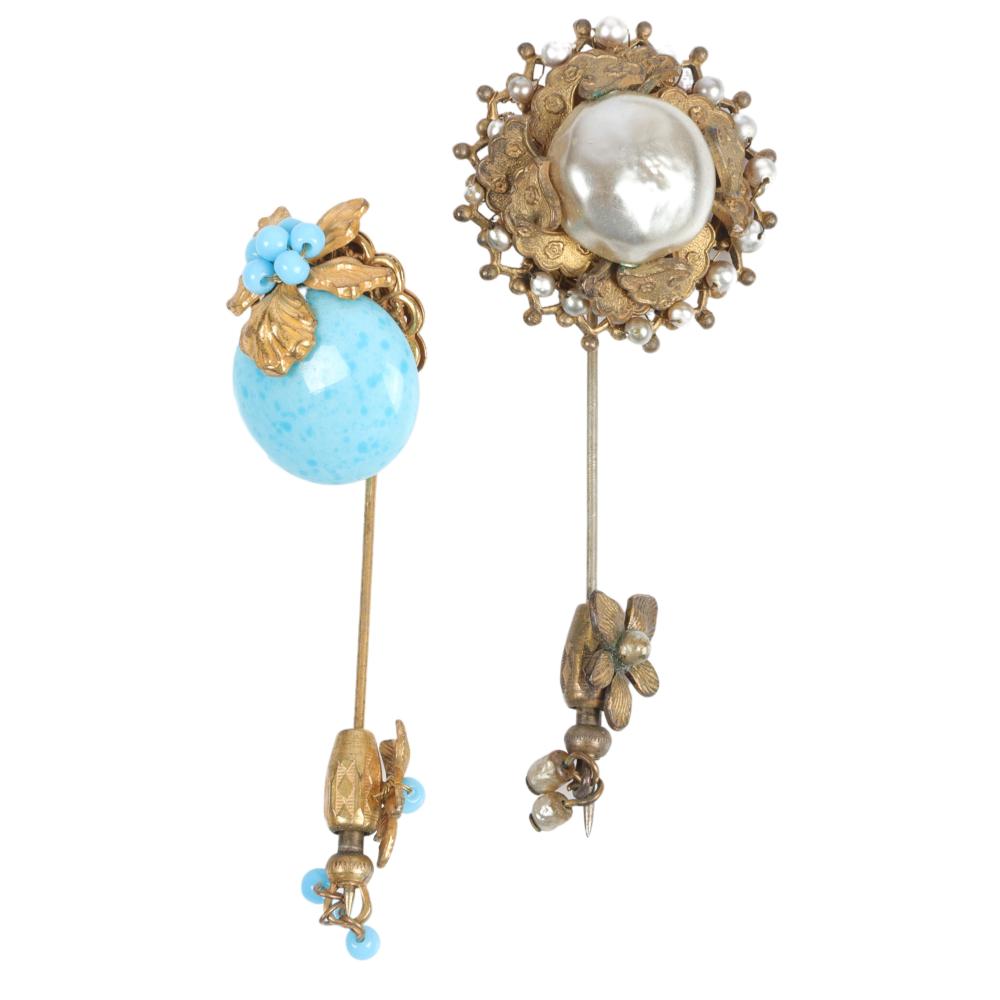 Appraisal: TWO MIRIAM HASKELL STICKPINS ONE WITH TURQUOISE GLASS STONES BRASS