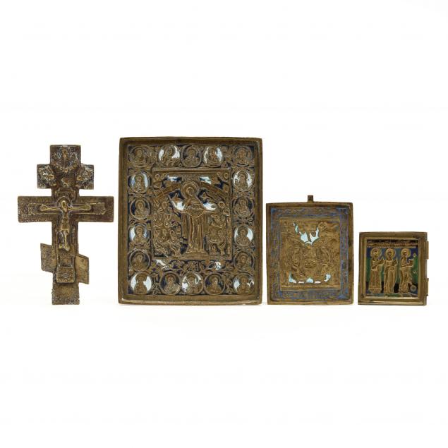 Appraisal: FOUR ANTIQUE RUSSIAN BRASS AND ENAMEL ICONS th century each