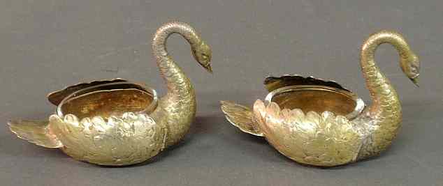 Appraisal: Two silver swan-form master salts with glass inserts and moveable