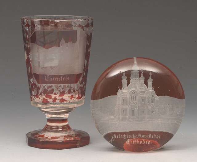 Appraisal: A BOHEMIAN OVERLAID GLASS GOBLET intaglio cut with a view