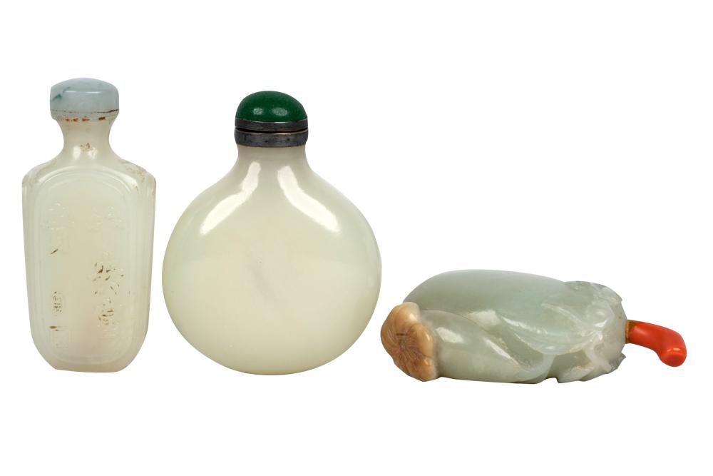 Appraisal: THREE JADE SNUFF BOTTLESProvenance The Estate of Dr Leon and