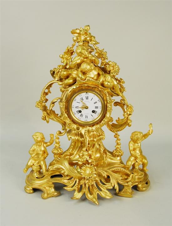 Appraisal: LOUIS XV STYLE GILT BRONZE FIGURAL MANTLE CLOCK Raulin Paris