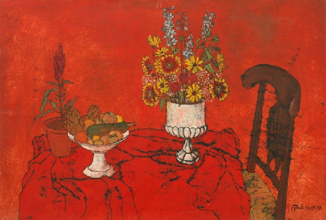 Appraisal: Fred Jessup - Still Life with Red Background oil on