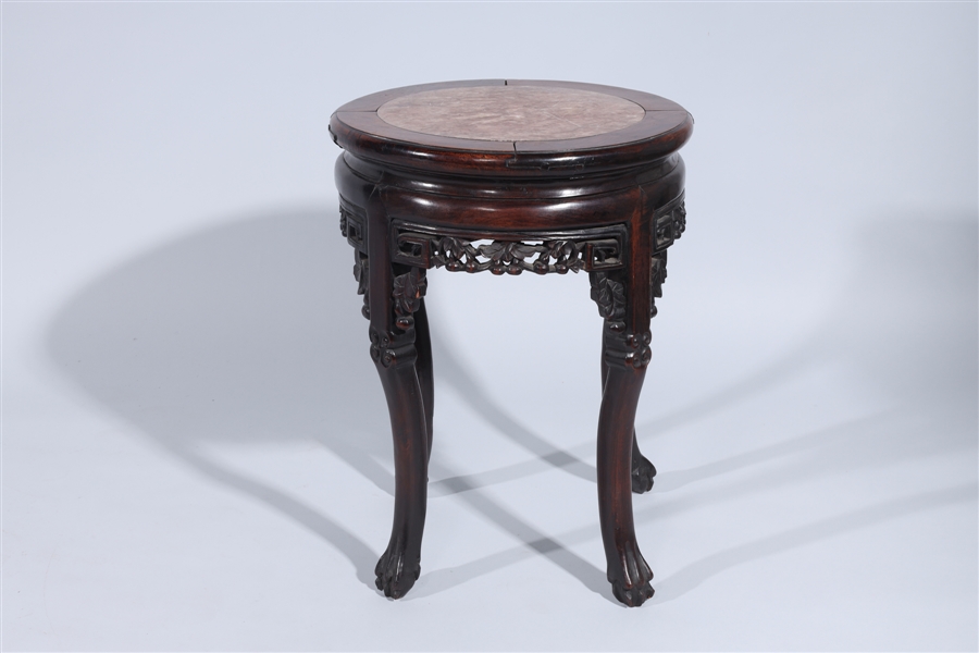 Appraisal: Chinese wooden stool with foliate carvings and hardstone inlay H