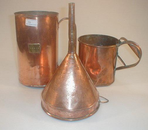 Appraisal: A copper ale funnel two copper grain measures -