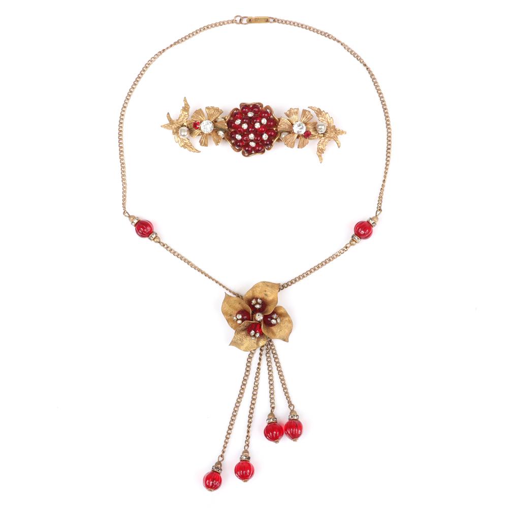 Appraisal: MIRIAM HASKELL GOLD TONE FLOWER NECKLACE WITH RUBY MELON GLASS