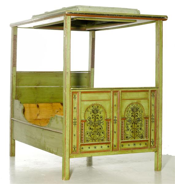 Appraisal: PAINTED CANOPY BED Baroque Alpine dated Green red and black