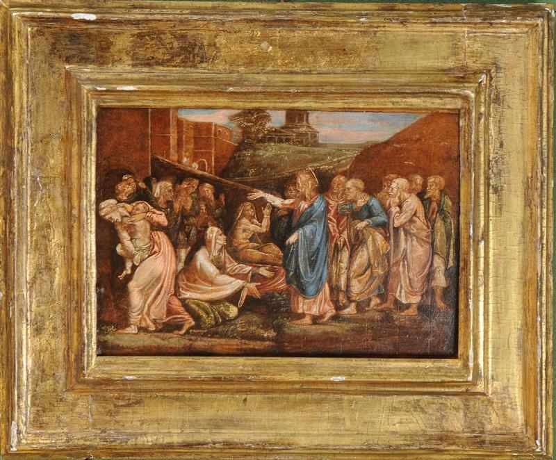 Appraisal: ITALIAN SCHOOL CHRIST HEALING THE SICK Oil on board Provenance