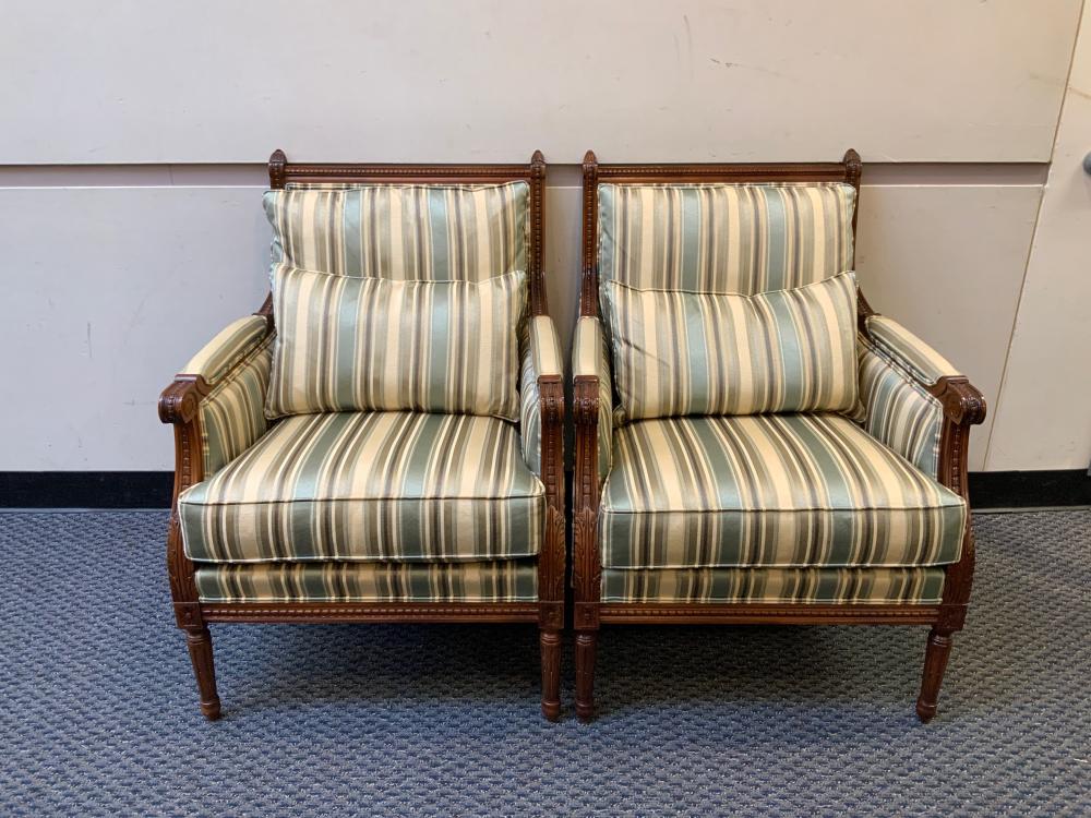 Appraisal: PAIR OF LOUIS XVI STYLE FRUITWOOD AND STRIPED UPHOLSTERED BERGERESPair