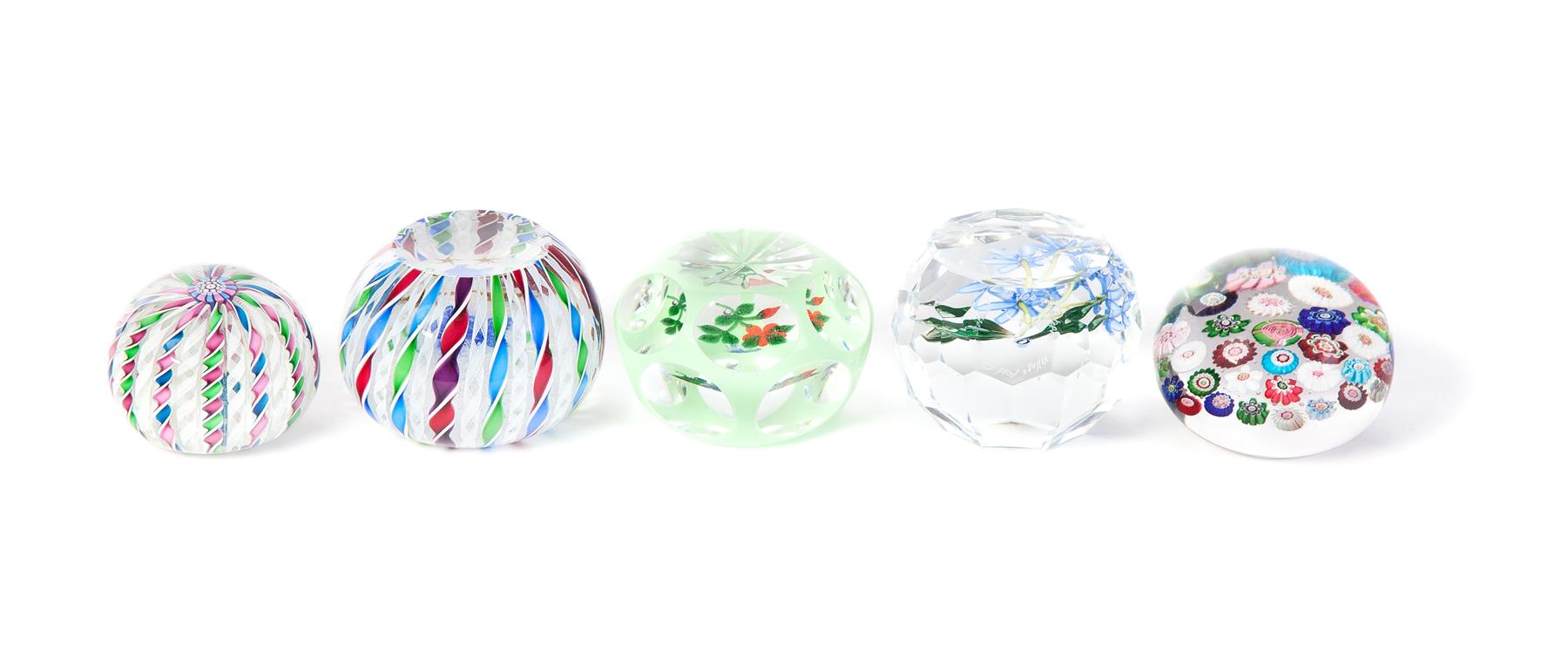 Appraisal: FIVE PAPERWEIGHTS Twentieth century Two John Deacons a fish with