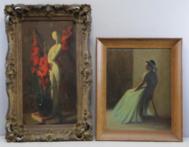 Appraisal: ABRAMS Herbert Two Oils on Canvas Still life with statue