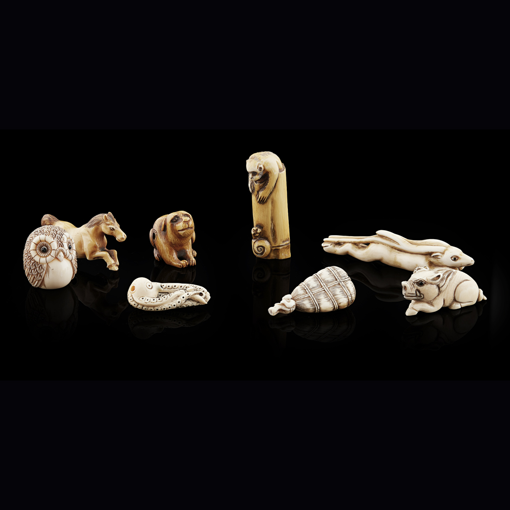 Appraisal: YGROUP OF EIGHT IVORY NETSUKE OF ANIMALS MEIJI PERIOD comprising