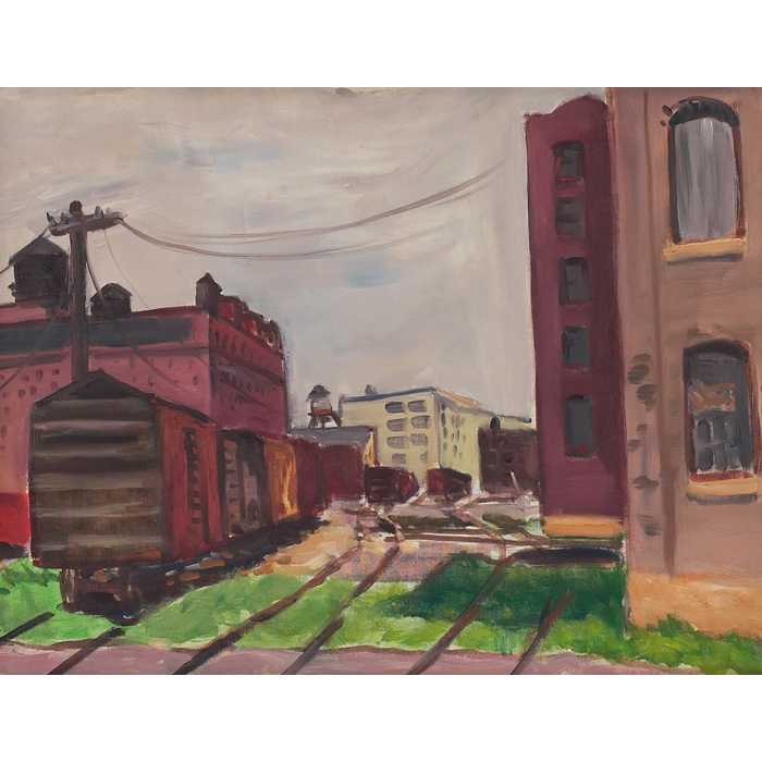 Appraisal: Shirley M Jackson American - ''Boxcars '' oil on canvasboard