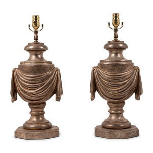 Appraisal: A Pair of Silvered Carved Wood Urns Mounted as Lamps