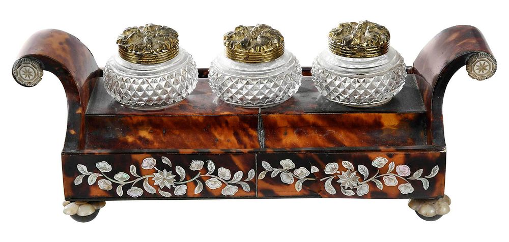 Appraisal: Tortoiseshell and Mother of Pearl Inlaid Inkstand Continental th century