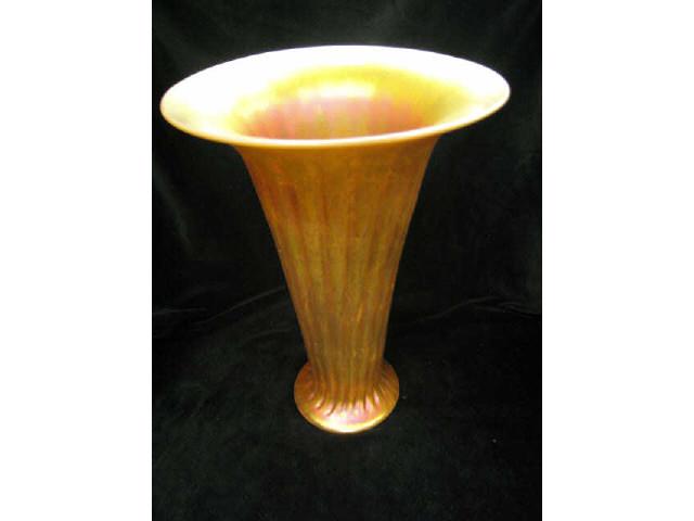 Appraisal: Lundberg Studios Art Glass Vase golden iridescent ribbed trumpet shape