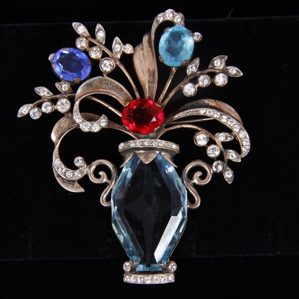 Appraisal: Sterling Unmarked Jewel Pave Bouquet Blue Vase Brooch Pin Fleabites