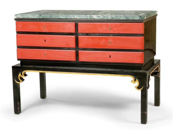 Appraisal: HUNGARIAN CHEST OF DRAWERS circa Red and black lacquered wood