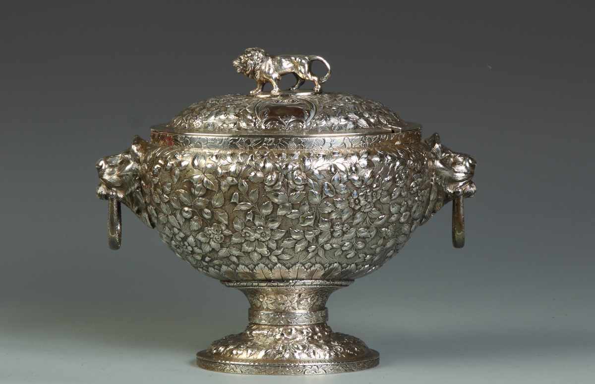 Appraisal: Sterling Repousse Soup Tureen Sterling Repousse Soup Tureen Lions head