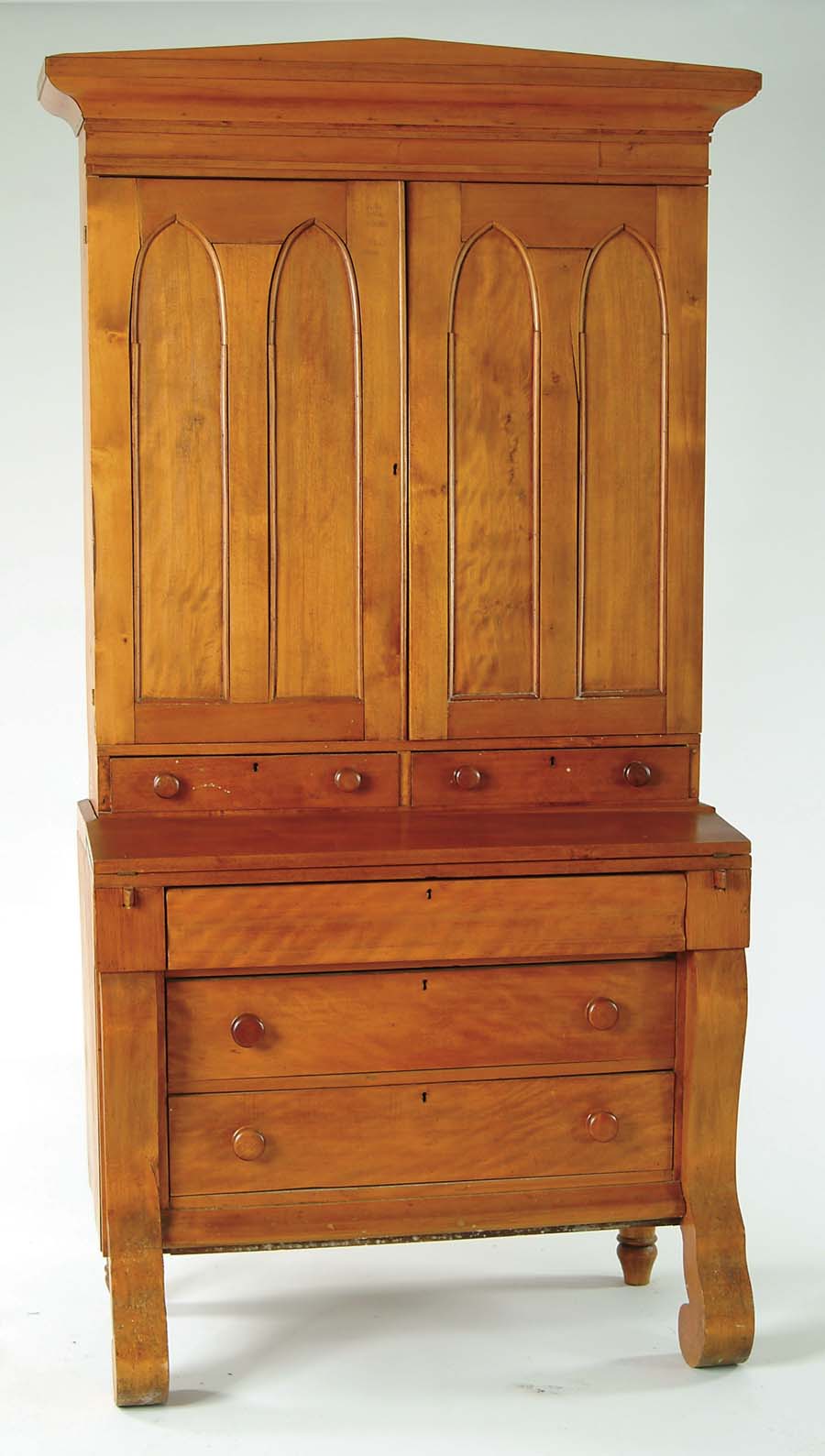 Appraisal: TWO PART EMPIRE BIRCH SECRETARY Top section having two doors