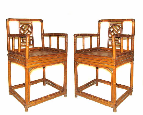 Appraisal: A pair of Chinese bamboo armchairs with some damage height